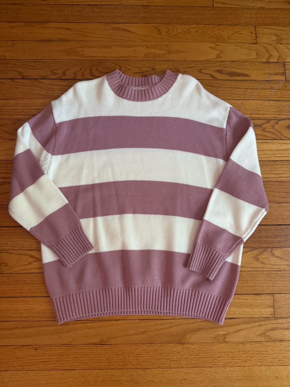 moon & madison Mauve and White Striped Crewneck Sweater